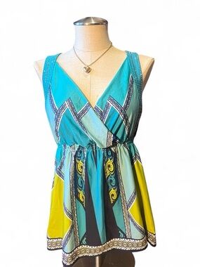 Vibrant Turquoise & Yellow Sleeveless Surplice tank top